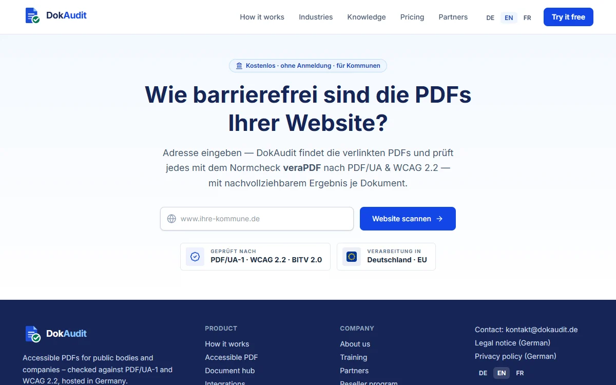 DokAudit public scan: enter a website address and DokAudit checks the linked PDFs