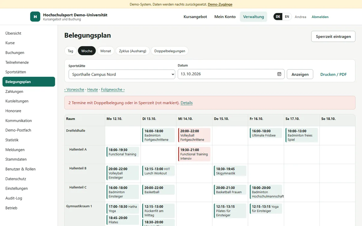 Kursbox facility booking plan with detection of double bookings