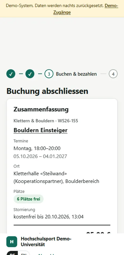 Kursbox booking on a phone: choosing the payment method